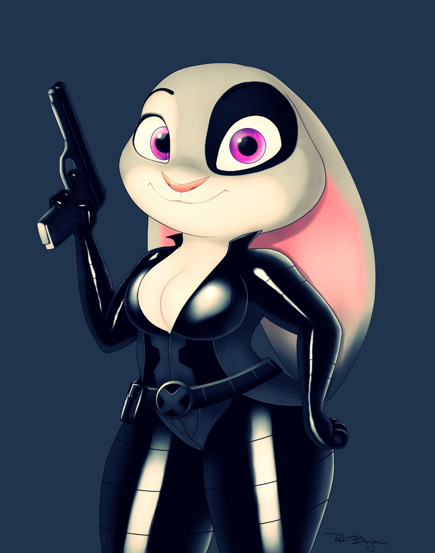 anthro big_breasts breasts cleavage clothed clothing cosplay disney domino_(marvel) female gun judy_hopps lagomorph mammal marvel purple_eyes rabbit ranged_weapon sirredbenjamin skinsuit smile solo tight_clothing weapon zootopia