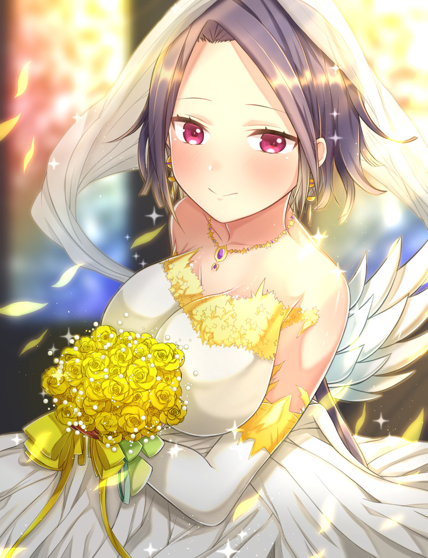 akirannu alternate_costume alternate_hairstyle bad_id bad_pixiv_id bare_shoulders blush bouquet bow breasts bridal_veil cleavage collarbone dress earrings elbow_gloves eschamali_(p&amp;d) flower gloves highres jewelry large_breasts long_hair looking_at_viewer necklace petals purple_eyes purple_hair puzzle_&amp;_dragons smile solo sparkle stained_glass veil wedding_dress white_gloves white_wings wings