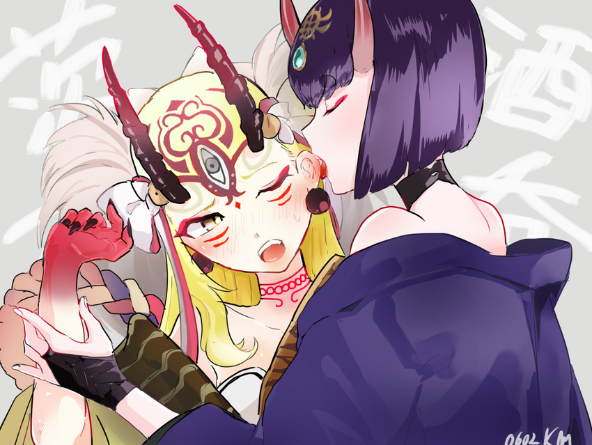 black_nails blonde_hair blush choker closed_eyes collarbone commentary_request ear_licking earrings facial_mark fate/grand_order fate_(series) fingernails horns ibaraki_douji_(fate/grand_order) japanese_clothes jewelry kemu_jirou kimono licking long_hair multiple_girls nail_polish off_shoulder oni oni_horns open_mouth purple_hair red_skin sharp_fingernails short_hair shuten_douji_(fate/grand_order) tattoo tongue yellow_eyes yuri