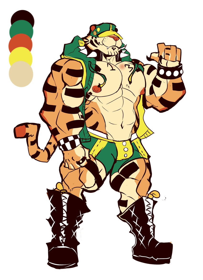 abs anthro boots bracelet bulge clothed clothing collar demondragoncyan feline footwear hat jewelry male mammal muscular pecs shorts spike_collar stripes tiger