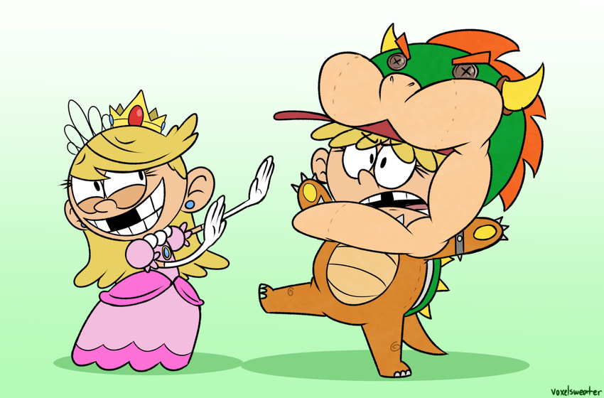 bowser_(cosplay) child cosplay lana_loud lola_loud missing_teeth princess_peach_(cosplay) the_loud_house voxelsweater