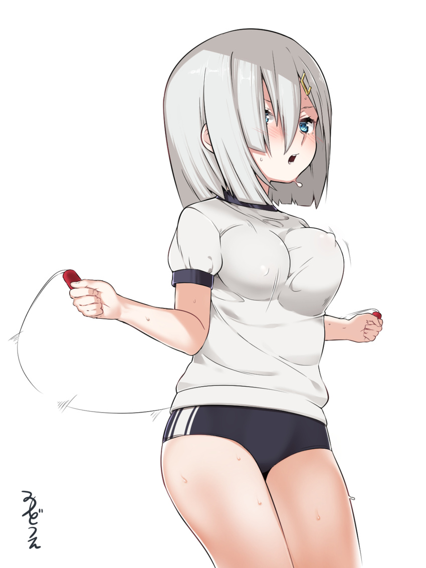 alternate_costume blue_eyes blush bouncing_breasts breasts buruma covered_nipples cowboy_shot from_side gym_uniform hair_over_one_eye hamakaze_(kantai_collection) highres jump_rope jumping kantai_collection large_breasts looking_at_viewer mitsudoue open_mouth rope shirt short_hair silver_hair simple_background solo sweat white_background white_shirt