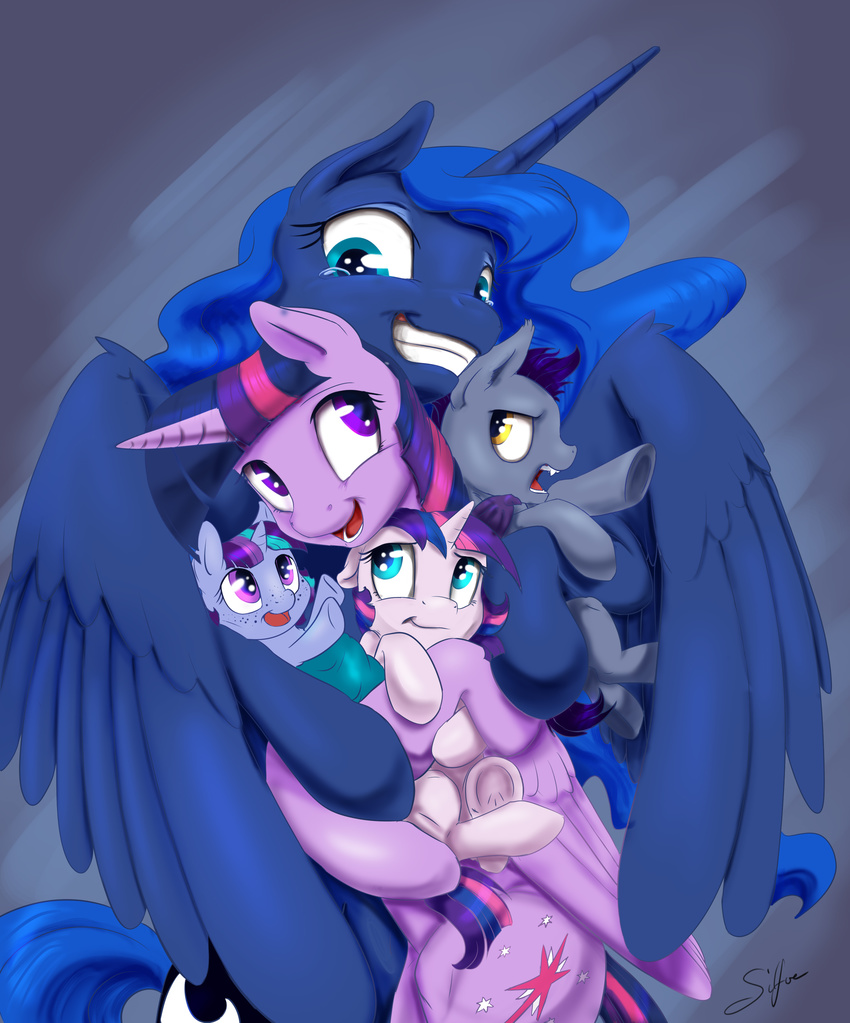 2016 bat_pony cute equine fan_character female feral friendship_is_magic group horn hug male mammal my_little_pony princess_luna_(mlp) silfoe smile twilight_sparkle_(mlp) unicorn winged_unicorn wings