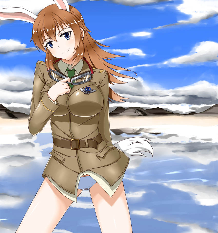 1girl absurdres animal_ears arms_behind_back blue_eyes blue_sky breasts brown_hair bunny_ears bunny_tail charlotte_e_yeager cloud goggles goggles_around_neck green_eyes hair_between_eyes head_tilt highres hiroshi_(hunter-of-kct) military military_uniform panties reflection sky smile solo tail thighs underwear uniform white_panties world_witches_series