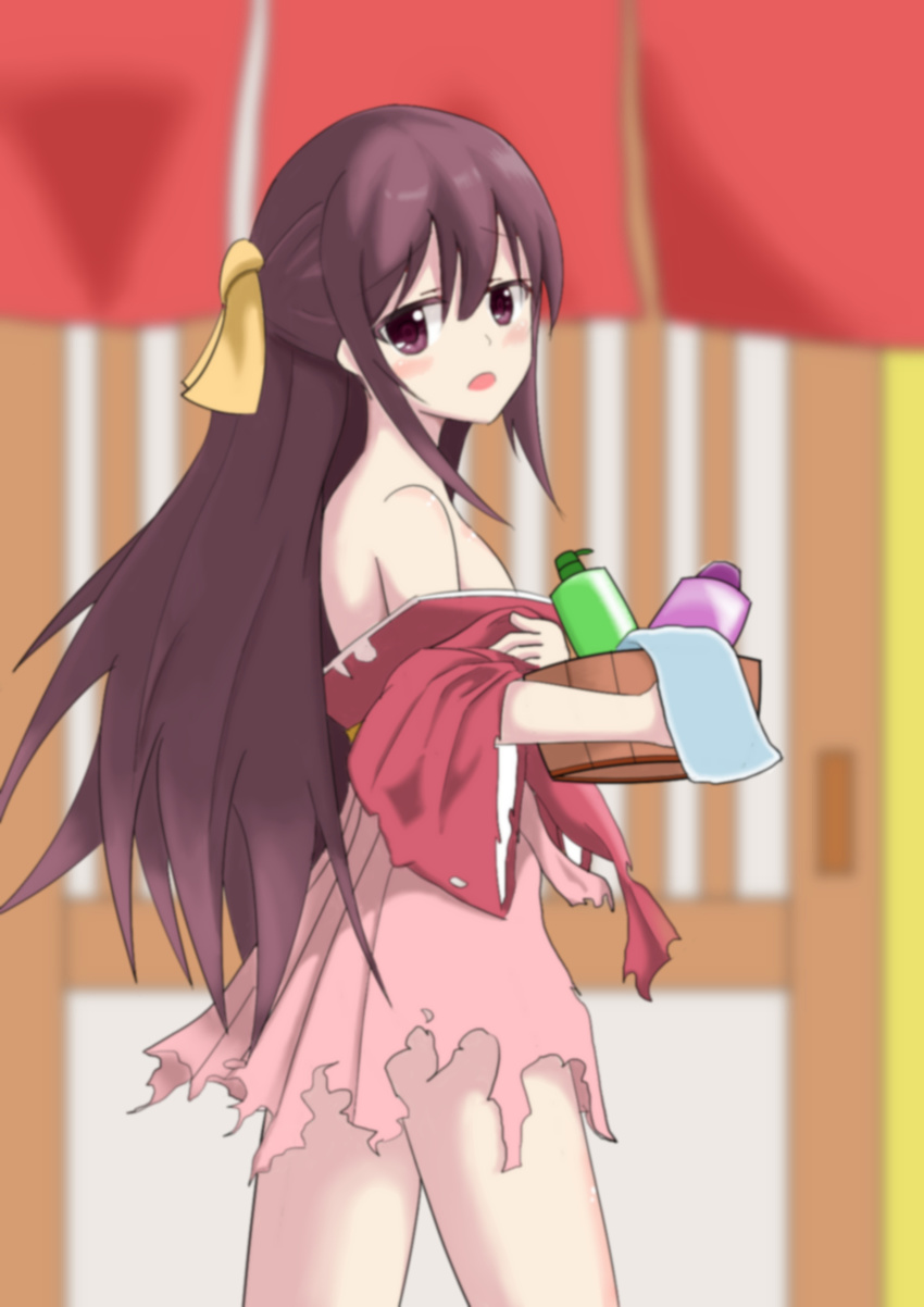 achilles bucket commentary_request hair_ribbon hakama highres japanese_clothes kamikaze_(kantai_collection) kantai_collection kimono long_hair looking_at_viewer onsen open_clothes open_mouth pink_hakama purple_eyes purple_hair ribbon shampoo_bottle solo towel