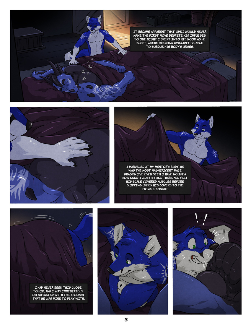 abs balls bed biceps black_penis canine comic dragon duo fox fur hybrid male male/male mammal multicolored_fur muscular nik omni_(character) penis reptile scales scalie sleeping sonicfox wfa wolf