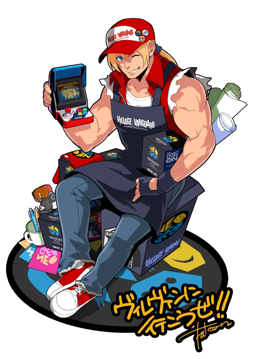 1boy arcade_cabinet baseball_cap blonde_hair blue_eyes bomber_jacket denim falcoon fatal_fury fingerless_gloves gloves hat highres jacket jeans long_hair looking_at_viewer muscle one_eye_closed pants pins ponytail smile snk solo tank_top terry_bogard the_king_of_fighters vest