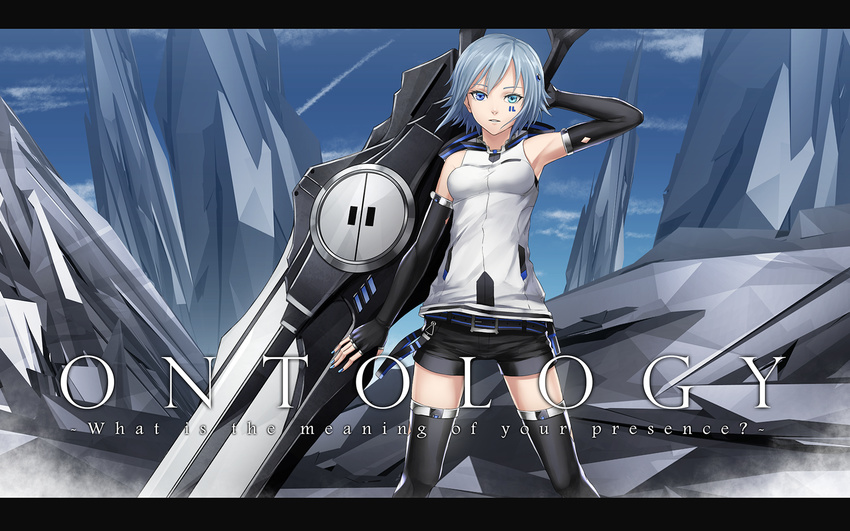 ? arm_at_side armpits bangs belt black_gloves black_legwear black_shorts blue_eyes blue_hair blue_nails blue_sky borrowed_character breasts cloud commentary_request condensation_trail crystal facial_mark fingerless_gloves gloves hair_ornament hand_up heterochromia highres holding holding_sword holding_weapon huge_weapon il_(sugi_214) katana legs_apart letterboxed looking_at_viewer medium_breasts nail_polish original outdoors parted_lips science_fiction short_hair shorts sky sleeveless solo standing sugi_214 swept_bangs sword text_focus wallpaper weapon