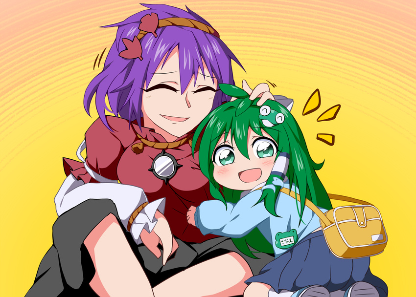 bag bwell child closed_eyes commentary_request frog_button frog_hair_ornament green_eyes green_hair hair_ornament hair_tubes hand_on_head indian_style jewelry kindergarten_uniform kneeling kochiya_sanae long_hair long_sleeves looking_at_viewer mirror multiple_girls necklace open_mouth petting purple_hair shirt short_over_long_sleeves short_sleeves shoulder_bag sitting skirt smile snake_hair_ornament touhou yasaka_kanako younger