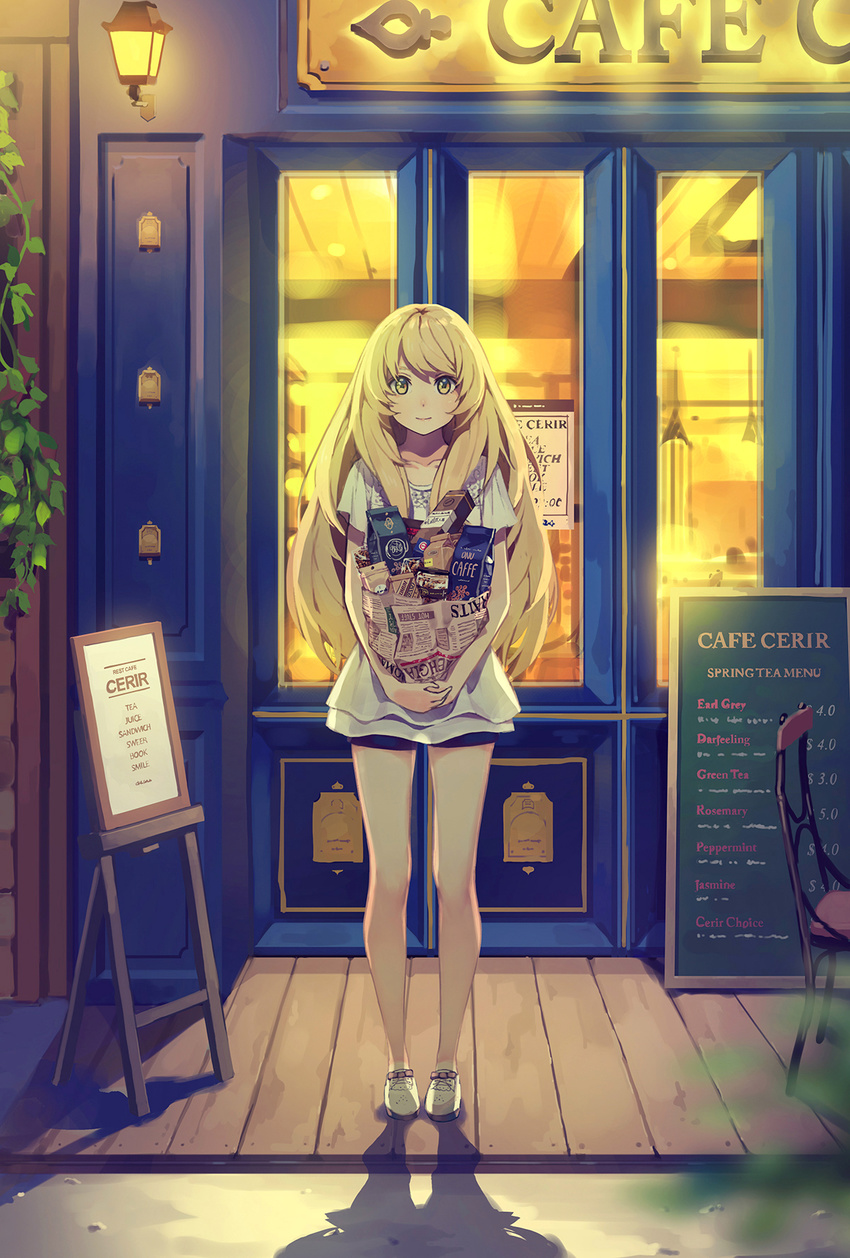 bare_legs blonde_hair blouse carrying coffee collarbone commentary door full_body highres long_hair looking_at_viewer night original shop short_shorts shorts silhouette smile solo standing storefront translated window yellow_eyes yohan12