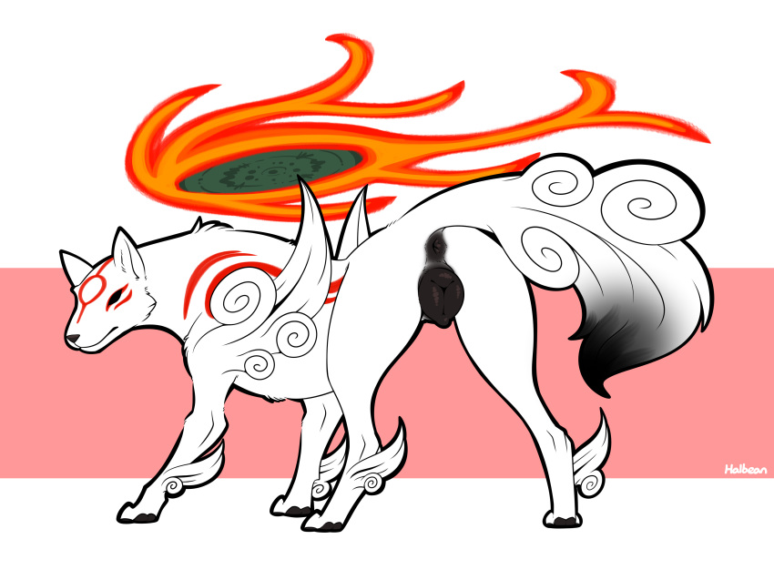 absurd_res amaterasu anatomically_correct anatomically_correct_pussy animal_genitalia animal_pussy anus butt canine canine_pussy capcom deity female feral fire fur halbean hi_res looking_at_viewer mammal presenting pussy rear_view simple_background solo video_games wolf ōkami