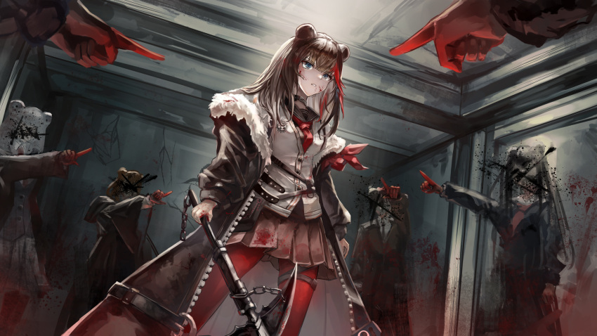 6+girls absinthe_(arknights) animal_ears arknights axe bear_ears bear_girl blood blood_in_hair blood_on_clothes blood_on_face blue_eyes brown_coat brown_hair brown_sailor_collar brown_skirt coat cowboy_shot fur-trimmed_coat fur_trim gloves gummy_(arknights) highres holding holding_axe holding_weapon indoors istina_(arknights) long_sleeves multicolored_hair multiple_girls neckerchief on_(yattemasu) open_clothes open_coat pleated_skirt pointing pointing_at_another red_gloves red_hair red_neckerchief sailor_collar skirt solo_focus streaked_hair vest weapon white_vest zima_(arknights)