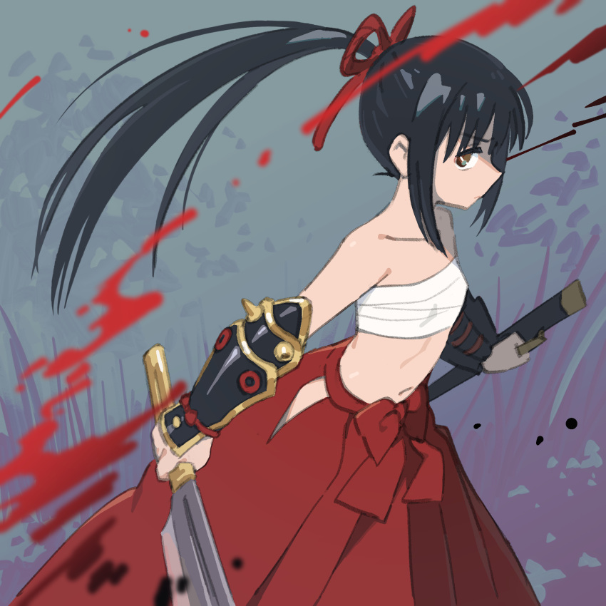 1girl armor black_hair blood brown_eyes bushidou_(sekaiju) bushidou_2_(sekaiju) chest_sarashi expressionless flat_chest hakama highres holding holding_sword holding_weapon japanese_armor japanese_clothes kote long_hair looking_at_viewer mya-zawa no_shirt outdoors ponytail red_hakama rope sarashi sekaiju_no_meikyuu sekaiju_no_meikyuu_1 sheath sideways_glance solo sword upper_body weapon