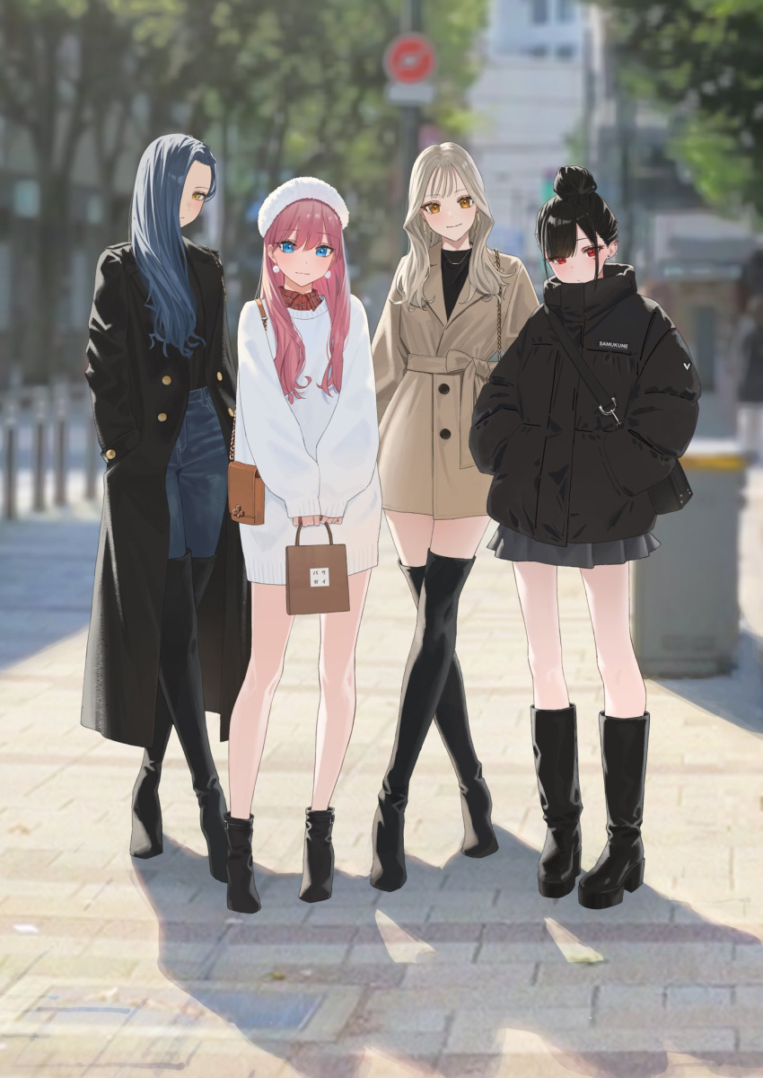 4girls bag black_bag black_footwear black_hair black_jacket black_shirt blonde_hair blue_eyes blue_hair blurry blurry_background boots brick_floor brown_bag brown_coat brown_hair casual chain closed_mouth coat commentary_request crossed_legs crosswalk denim depth_of_field diamond_earrings ear_piercing earrings enokawa_kokoro full_body gold_chain grey_skirt hair_bun hair_over_one_eye hand_in_pocket handbag hands_in_pockets hara_kenshi highres holding holding_bag jacket jeans jewelry kimishima_touka knee_boots kunitomi_ryouka kuroba_mitsuha light_blush light_smile long_coat long_hair long_sleeves looking_at_viewer miniskirt mole mole_under_mouth multiple_girls necklace original outdoors pants parted_bangs piercing pink_hair plaid plaid_shirt puffy_long_sleeves puffy_sleeves red_eyes red_shirt shadow shirt shopping_bag shoulder_bag single_hair_bun skirt smile solo solo_focus standing streetwear stud_earrings sweater thigh_boots turtleneck turtleneck_jacket v_arms white_headwear white_sweater winter_clothes winter_coat yellow_eyes