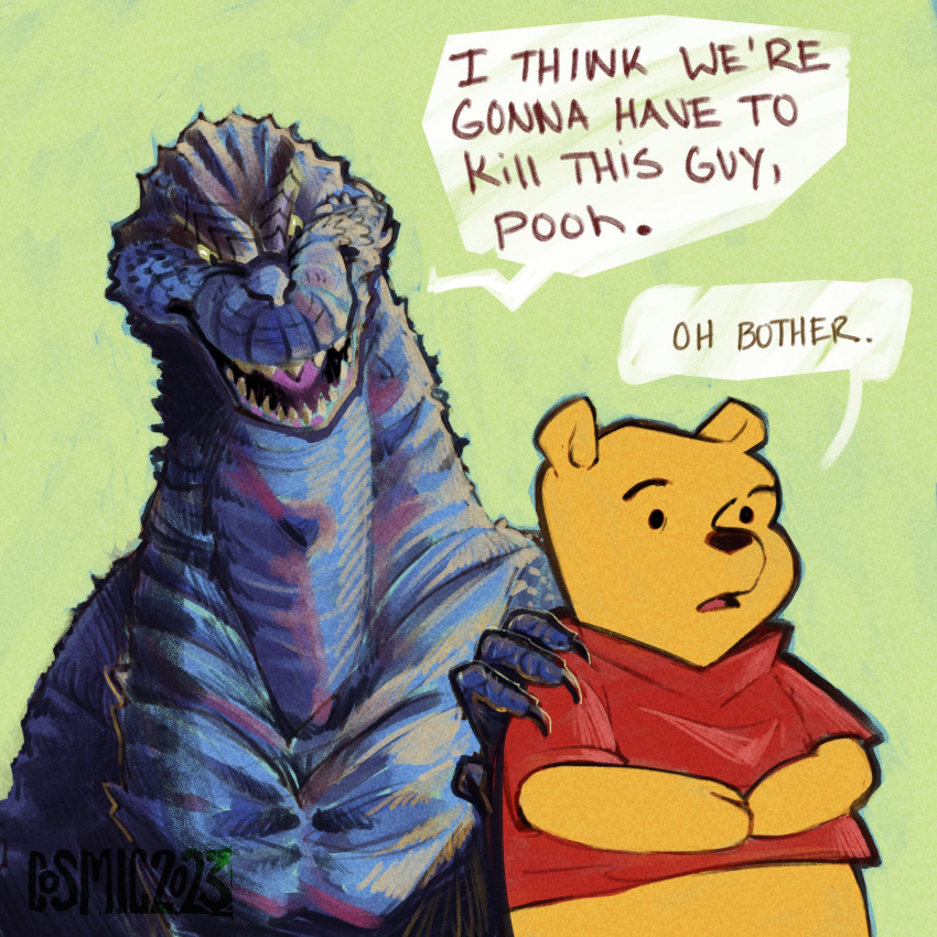 2023 anthro bear clothed clothing cosmicskele dialogue dinosaur disney duo english_text godzilla godzilla_(series) hand_on_shoulder hi_res humor i_think_we're_gonna_have_to_kill_this_guy male mammal meme pooh_bear reptile scalie signature simple_background speech_bubble text toho winnie_the_pooh_(franchise)