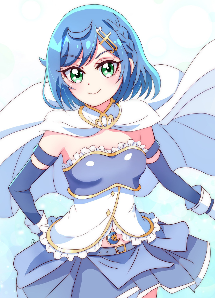 1girl belt belt_buckle blue_belt blue_hair blue_skirt blue_sleeves braid breasts buckle cape closed_mouth cosplay cure_spicy delicious_party_precure detached_sleeves fuwa_kokone gloves green_eyes hair_ornament highres long_sleeves looking_at_viewer magical_girl mahou_shoujo_madoka_magica medium_hair miki_sayaka miki_sayaka_(cosplay) miniskirt momotarouooi pleated_skirt precure simple_background single_braid skirt small_breasts smile solo standing strapless white_background white_cape white_gloves