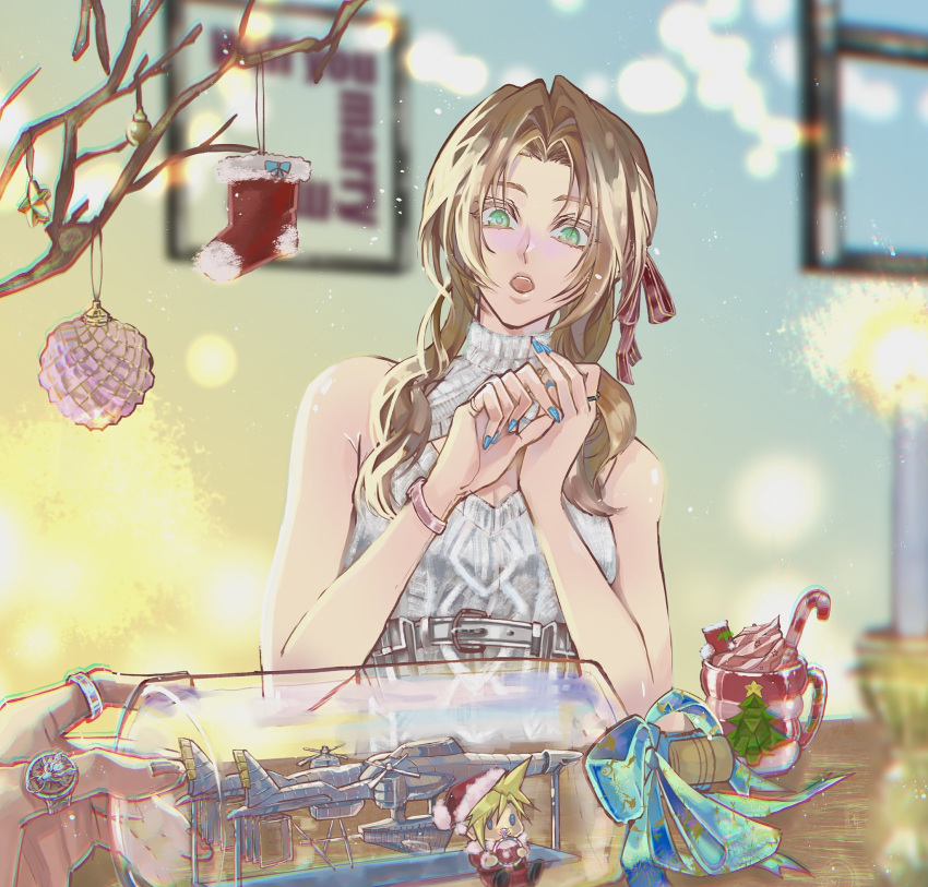 1boy 1girl aerith_gainsborough aerith_gainsborough_(fairy_of_snowfall) aqua_nails bare_shoulders blurry blurry_background breasts brown_hair candy candy_cane christmas christmas_stocking cloud_strife cup dress eni_(yoyogieni) fenrir_(final_fantasy) final_fantasy final_fantasy_vii final_fantasy_vii_ever_crisis final_fantasy_vii_remake food green_eyes hair_ribbon halter_dress halterneck hat highres highwind holding holding_jewelry holding_ring indoors jewelry long_hair looking_at_viewer medium_breasts merchandise multiple_rings nail_polish official_alternate_costume open_mouth own_hands_together parted_bangs red_ribbon ribbon ring santa_hat ship_in_a_bottle sidelocks sweater sweater_dress turtleneck turtleneck_sweater watch white_dress wristwatch