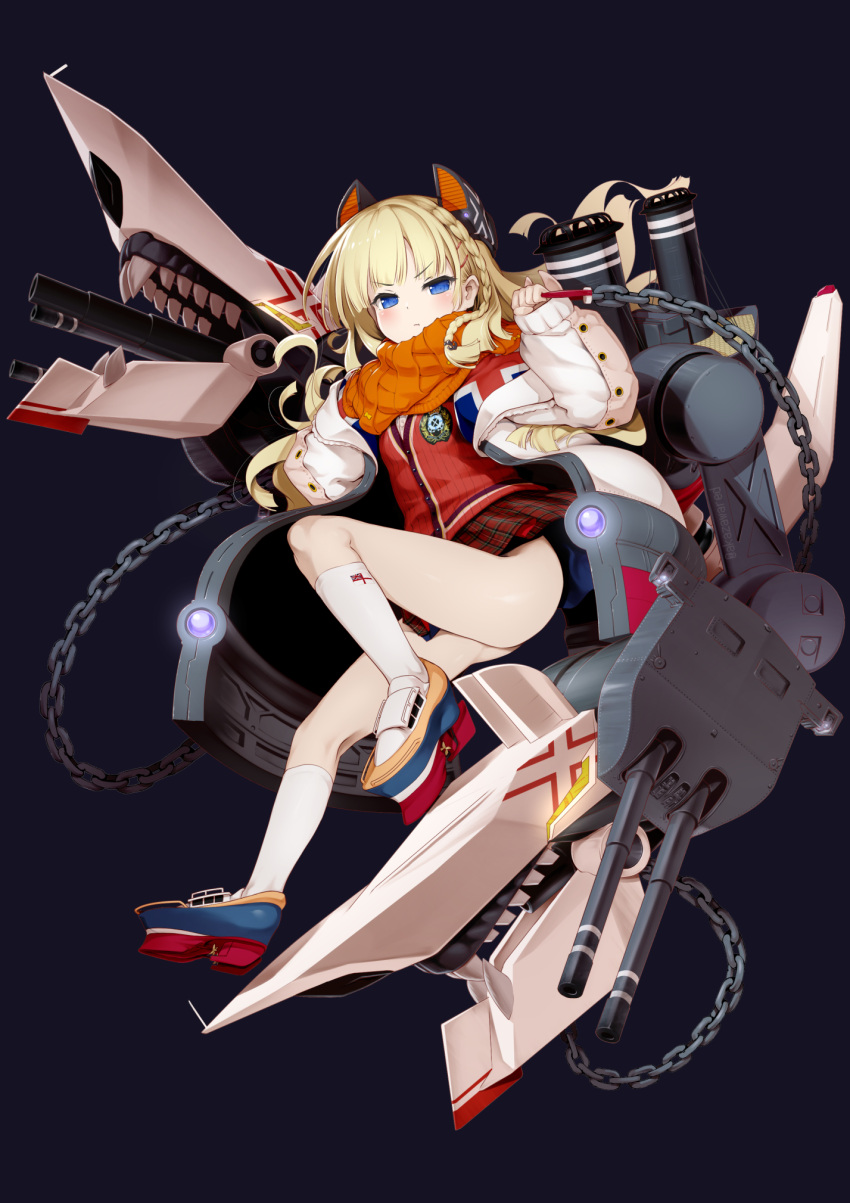 1girl akazawa_red ass black_background blonde_hair blue_eyes blush braid cannon cardigan chain commentary_request copyright_request full_body headgear highres jacket looking_at_viewer machinery mecha_musume miniskirt official_art open_clothes open_jacket orange_scarf plaid plaid_skirt platform_footwear scarf school_uniform side_braid simple_background skirt smokestack socks solo turret white_socks