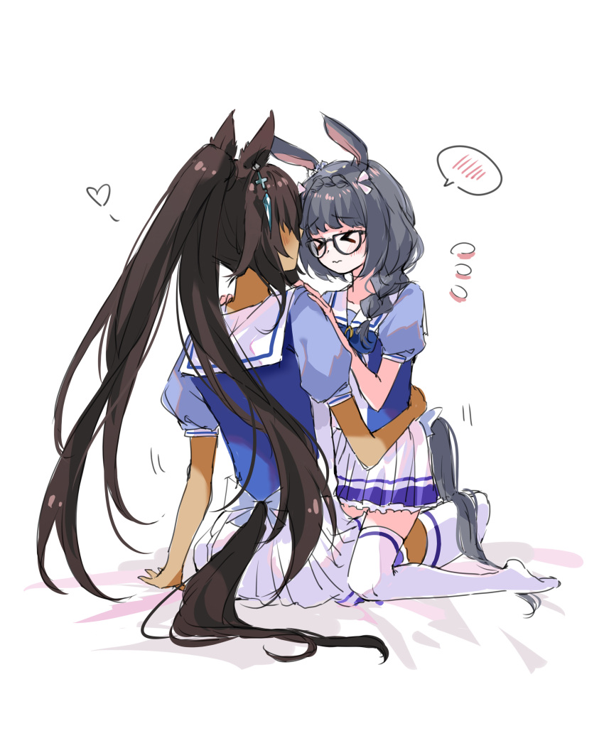 &gt;_&lt; 2girls absurdres animal_ears back_bow black_hair bow braid braided_ponytail ear_ornament earrings heart highres horse_ears horse_girl horse_tail jewelry morizu929 multiple_girls on_bed pleated_skirt puffy_short_sleeves puffy_sleeves purple_bow purple_shirt school_uniform shirt short_sleeves simple_background single_earring sitting skirt speech_bubble spoken_blush summer_uniform symboli_kris_s_(umamusume) tail thighhighs tracen_school_uniform umamusume wavy_mouth white_background white_bow white_thighhighs yuri zenno_rob_roy_(umamusume)