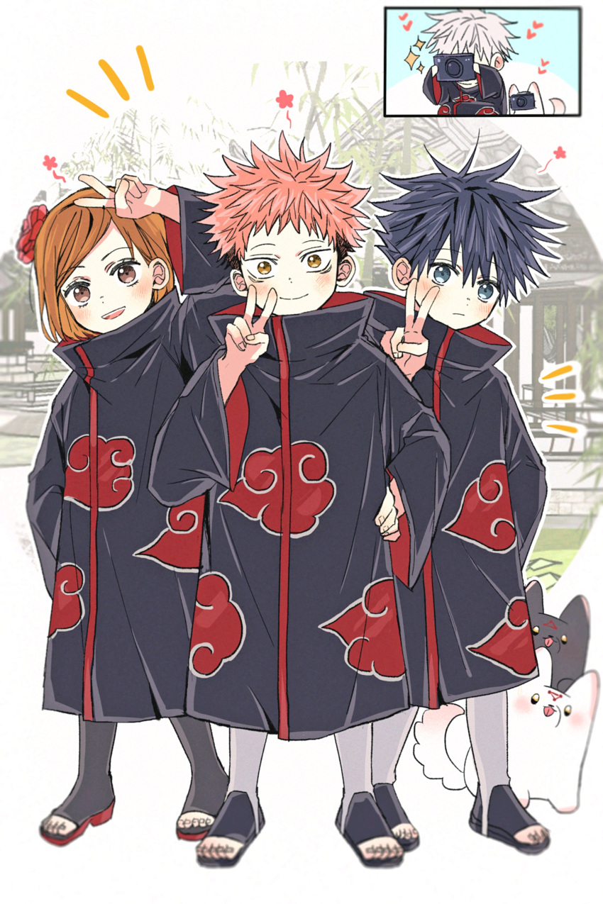 1girl 3boys absurdres akatsuki_uniform black_hair brown_eyes brown_hair camera cloud_print flower fushiguro_megumi gojou_satoru hair_flower hair_ornament hand_on_own_hip highres itadori_yuuji jujutsu_kaisen kugisaki_nobara looking_at_viewer multiple_boys naruto_(series) naruto_shippuuden open_mouth smile spiked_hair teeth upper_teeth_only v white_hair yoon_(dmsco1803)