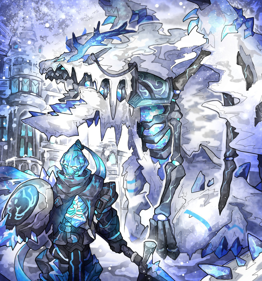 1other armor blue_theme commentary_request dragon grey_scarf highres holding holding_polearm holding_shield holding_weapon ice looking_to_the_side mansion mix_(candlmix) original pauldrons polearm ponytail scarf shield shoulder_armor skeleton snowing solo standing undead weapon winter