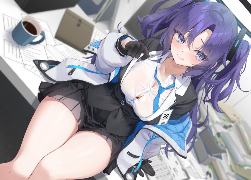 1girl black_gloves black_skirt blue_archive blue_eyes blue_necktie blush breasts closed_mouth coffee collared_shirt cup gloves halo highres id_card jacket large_breasts long_hair looking_at_viewer mechanical_halo mirea necktie open_clothes open_jacket paper pleated_skirt purple_hair shirt skirt solo tagme two-sided_fabric two-sided_jacket two_side_up white_jacket white_shirt yuuka_(blue_archive)