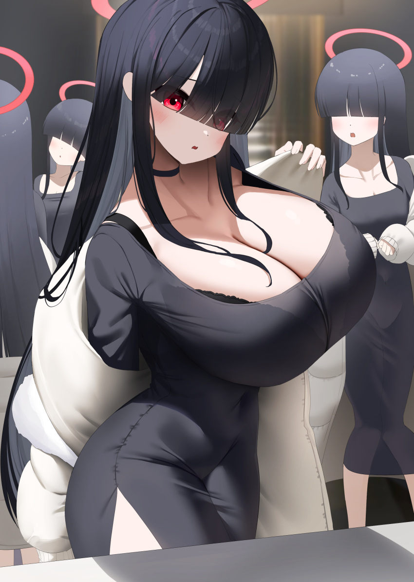 4girls absurdres alternate_breast_size black_bra black_choker black_dress black_hair blue_archive blush bra breasts choker cleavage collarbone dress hair_over_eyes halo highres huge_breasts indoors jacket justice_task_force_member_(blue_archive) long_hair long_sleeves multiple_girls nicorima open_mouth parted_lips red_eyes red_halo underwear white_jacket