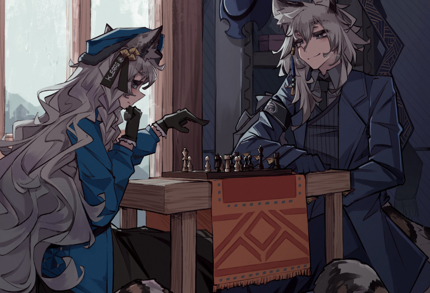 1boy 1girl absurdres animal_ears arknights armband black_gloves blue_eyes blue_headwear blue_jacket board_game braid chess chess_piece closed_mouth gloves grey_hair highres indoors jacket leopard_ears long_hair long_sleeves necktie official_alternate_costume pointy_nose pramanix_(arknights) pramanix_(caster's_frost)_(arknights) siblings silverash_(arknights) smile table togekk0