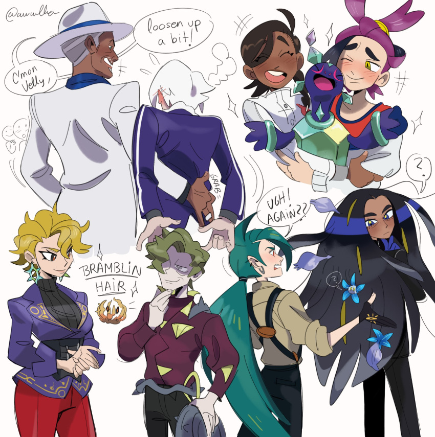 4boys 4girls awlba black_gloves black_hair black_pants blonde_hair blue_eyes blue_gloves blue_hair blueberry_academy_school_uniform braid bramblin brassius_(pokemon) briar_(pokemon) bright_pupils brown_hair clavell_(pokemon) coat cyrano_(pokemon) dark-skinned_female dark-skinned_male dark_skin earrings facial_hair fedora geeta_(pokemon) glimmet gloves goatee green_hair grey_eyes grey_hair hat highres jacket jewelry juliana_(pokemon) kieran_(pokemon) long_hair long_sleeves multicolored_hair multiple_boys multiple_girls mustache official_alternate_hairstyle one_eye_closed open_mouth pants pokemon pokemon_(creature) pokemon_sv ponytail purple_hair purple_jacket red_eyes red_pants rika_(pokemon) school_uniform short_hair side_braid single_braid speech_bubble streaked_hair suspenders sweater_under_jacket terapagos_(normal) very_short_hair white_hair white_pupils yellow_eyes