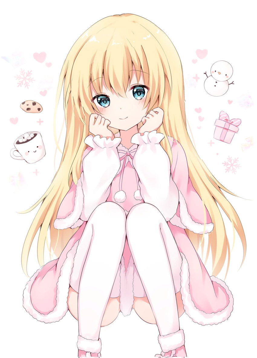 1girl blonde_hair blue_eyes capelet coffee_mug cookie cup food fur_trim hands_on_own_cheeks hands_on_own_face highres kokoshira_0510 long_hair looking_at_viewer mug original pink_capelet pink_footwear pink_skirt shirt shoes sitting skirt smile snowman solo thighhighs white_shirt white_thighhighs