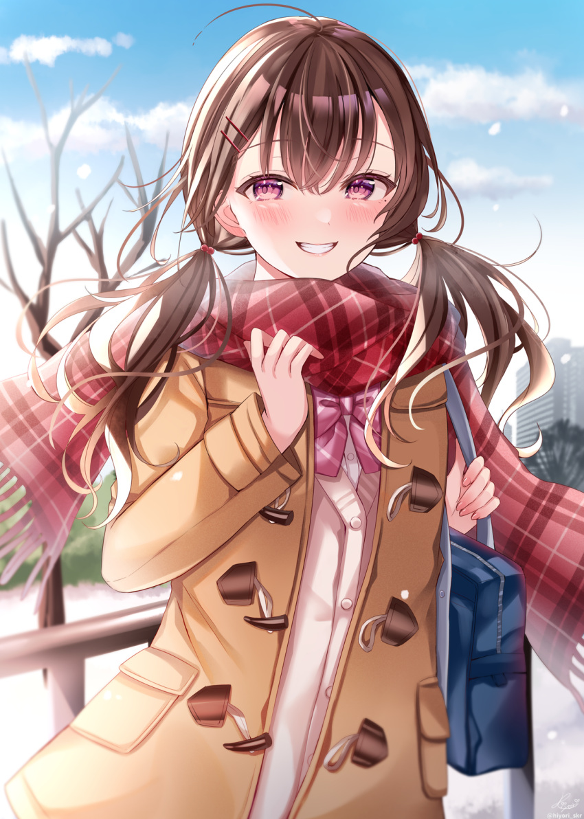 1girl ahoge bag bare_tree blue_sky bow brown_coat brown_hair cardigan cloud coat commentary_request day diagonal-striped_bow diagonal_stripes fence fringe_trim grin hair_between_eyes hair_ornament hairclip hands_up highres long_hair long_sleeves looking_at_viewer low_twintails open_clothes open_coat original outdoors pink_bow plaid plaid_scarf purple_eyes red_scarf sakura_hiyori scarf school_bag school_uniform shirt sky smile snow solo striped tree twintails white_cardigan white_shirt