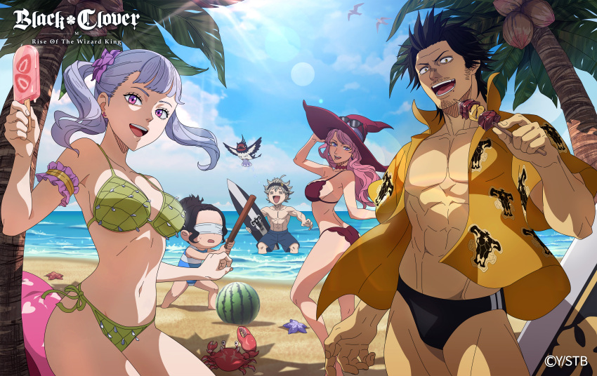 2boys 3girls abs absurdres asta_(black_clover) beach bikini black_clover black_clover_m:_rise_of_the_wizard_king black_hair blindfold blue_shorts blue_sky braid breasts brown_bikini charmy_pappitson copyright_name crab day eyewear_on_headwear food fruit grey_hair hat highres holding holding_food holding_ice_cream holding_surfboard ice_cream large_breasts lens_flare long_hair looking_at_viewer male_swimwear multiple_boys multiple_girls muscular muscular_male noelle_silva official_alternate_costume official_art open_clothes open_mouth open_shirt outdoors palm_tree pink_hair purple_eyes red_bikini red_headwear sand secre_swallowtail shirt short_hair short_twintails shorts sky spiked_hair surfboard swim_briefs swimsuit teeth tree twin_braids twintails upper_teeth_only vanessa_enoteca water watermelon witch_hat yami_sukehiro yellow_shirt