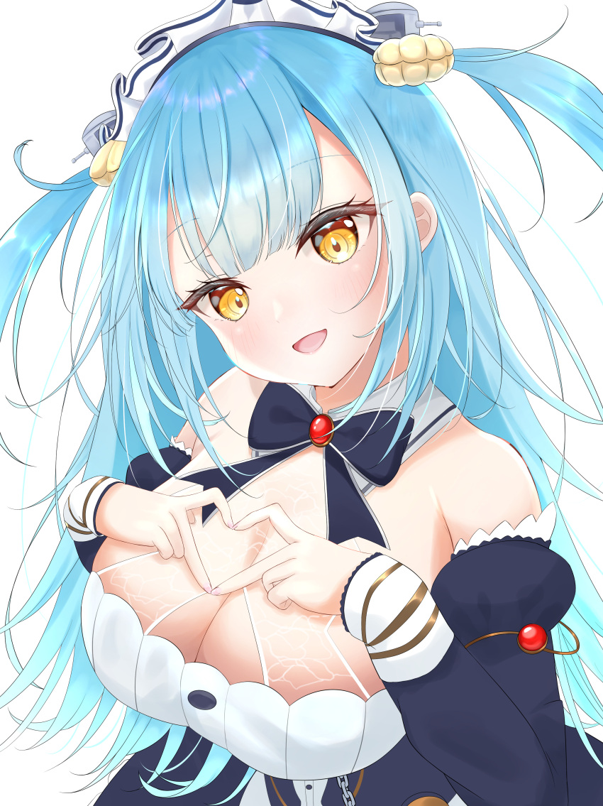 1girl :d absurdres azur_lane bare_shoulders black_bow black_dress blue_bow blue_dress blue_hair blush bow breasts cleavage commentary detached_collar detached_sleeves dress from_above gem hands_on_own_chest happy head_tilt heart heart_hands highres large_breasts long_hair looking_at_viewer looking_up maid_headdress neptune_(azur_lane) red_gemstone shell_hair_ornament smile solo tsuri_pi upper_body very_long_hair yellow_eyes