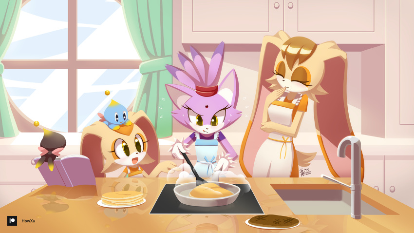 3girls animal_ears apron blaze_the_cat book brown_fur cat_ears cat_girl cheese_(sonic) chocola_(sonic) cooking cream_the_rabbit eyelashes food forehead_jewel fur-trimmed_gloves fur_trim furry furry_female gloves highres howxu kitchen multiple_girls pancake pancake_stack purple_fur rabbit_ears rabbit_girl sonic_(series) topknot vanilla_the_rabbit white_gloves window yellow_eyes