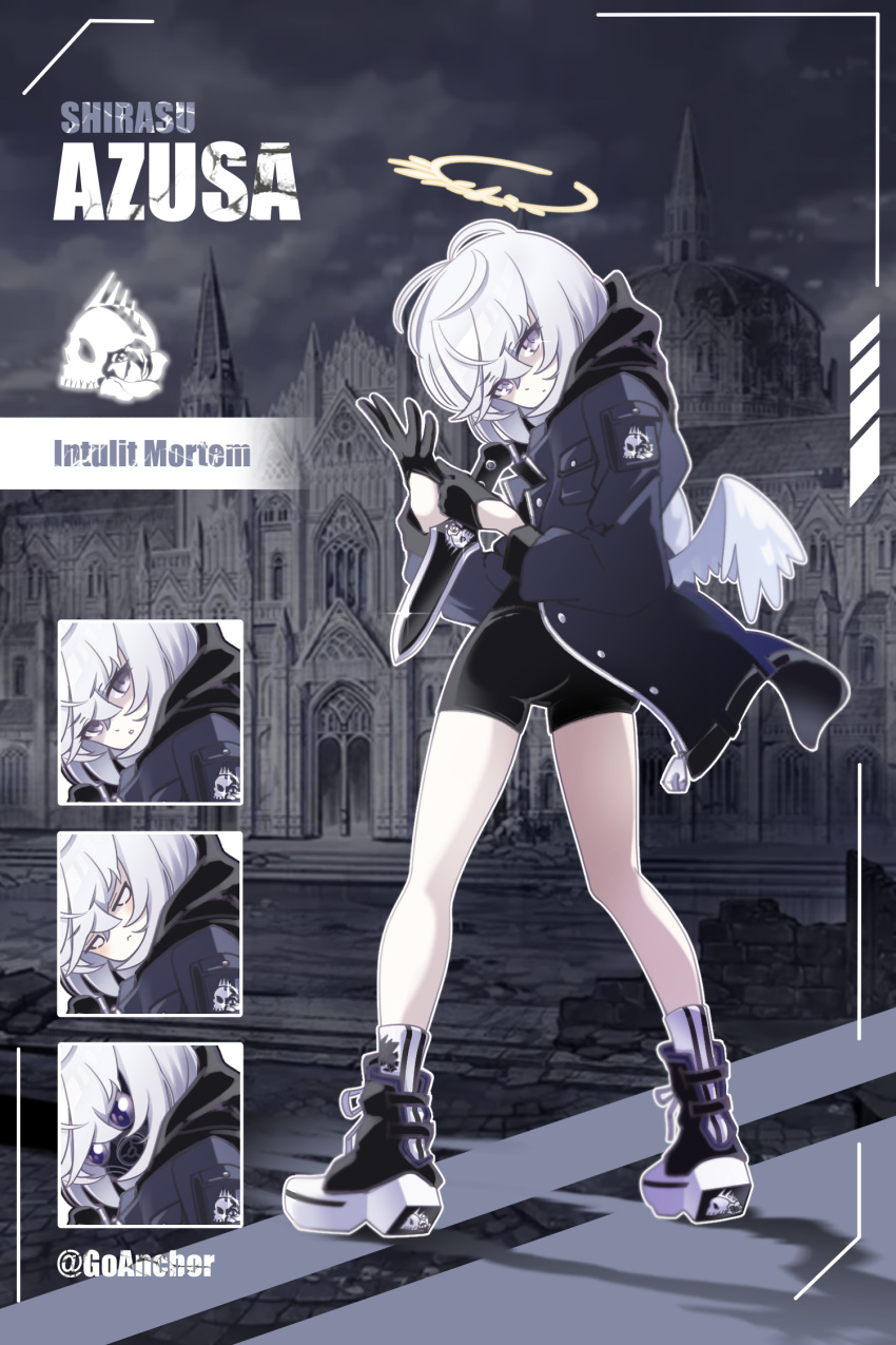 1girl angel_wings arius_squad_(blue_archive) azusa_(blue_archive) black_coat black_gloves black_shorts blue_archive child coat crescent_halo crossed_bangs feathered_wings gloves goanchor hair_between_eyes halo head_tilt highres hood knife looking_at_viewer low_wings purple_eyes short_hair shorts solo techwear white_hair white_wings wings yellow_halo