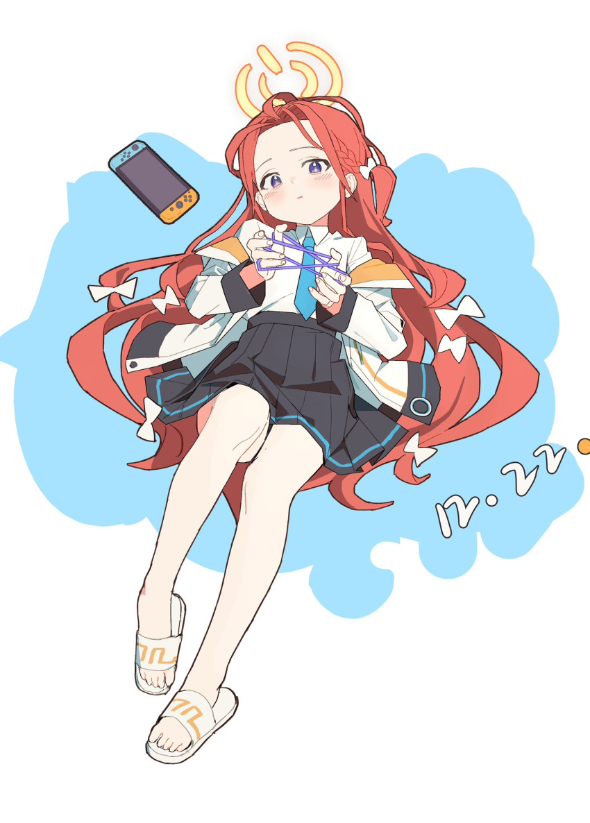 1girl black_skirt blue_archive blue_necktie cat's_cradle collared_shirt forehead full_body halo highres jacket long_hair long_sleeves necktie nintendo_switch open_clothes open_jacket pleated_skirt purple_eyes red_hair shirt skirt slippers solo white_jacket white_shirt xpsuv yellow_halo yuzu_(blue_archive)
