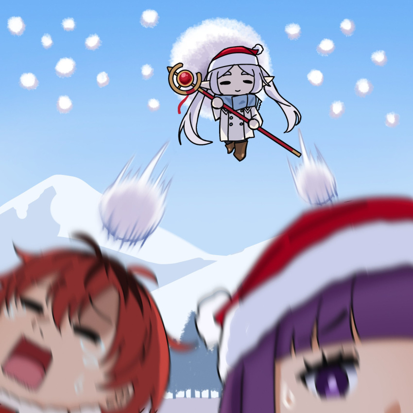 1boy 2girls blue_scarf blurry blurry_foreground brown_footwear chibi closed_eyes closed_mouth coat commentary crying elf english_commentary fern_(sousou_no_frieren) floating frieren fur-trimmed_headwear fur_trim grey_hair hat highres holding holding_staff long_hair mage_staff motion_blur mountain multicolored_hair multiple_girls open_mouth outdoors pointy_ears purple_eyes purple_hair purple_pupils raised_eyebrow red_hair red_headwear santa_hat scarf shura_(shura_cs) snowball sousou_no_frieren staff stark_(sousou_no_frieren) sweatdrop tears twintails two-tone_hair very_long_hair white_coat winter_clothes