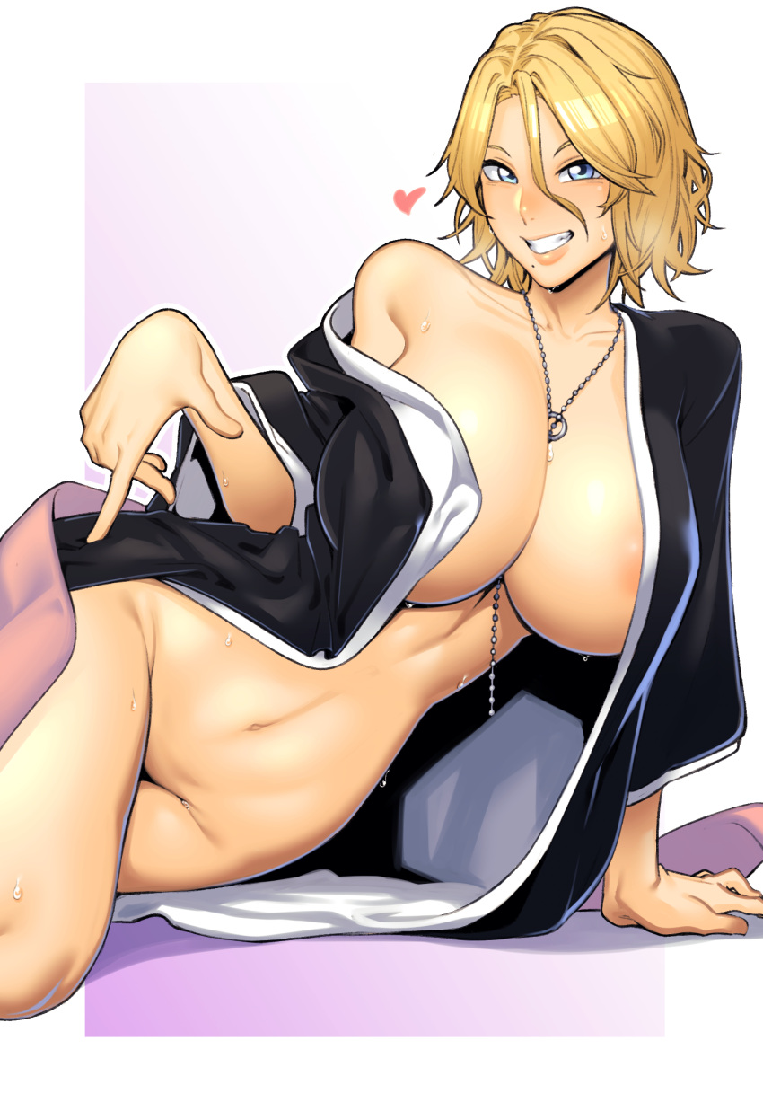 1girl areola_slip arm_support black_kimono bleach bleach:_sennen_kessen-hen blonde_hair blue_eyes breasts breath collarbone commentary dyun feet_out_of_frame grin hair_between_eyes heart highres huge_breasts index_finger_raised japanese_clothes jewelry kimono lips looking_at_viewer lying matsumoto_rangiku mole mole_under_mouth navel necklace necklace_between_breasts off_shoulder on_side open_clothes open_kimono parted_bangs pink_background pink_shawl shawl short_hair simple_background single_bare_shoulder smile solo teeth