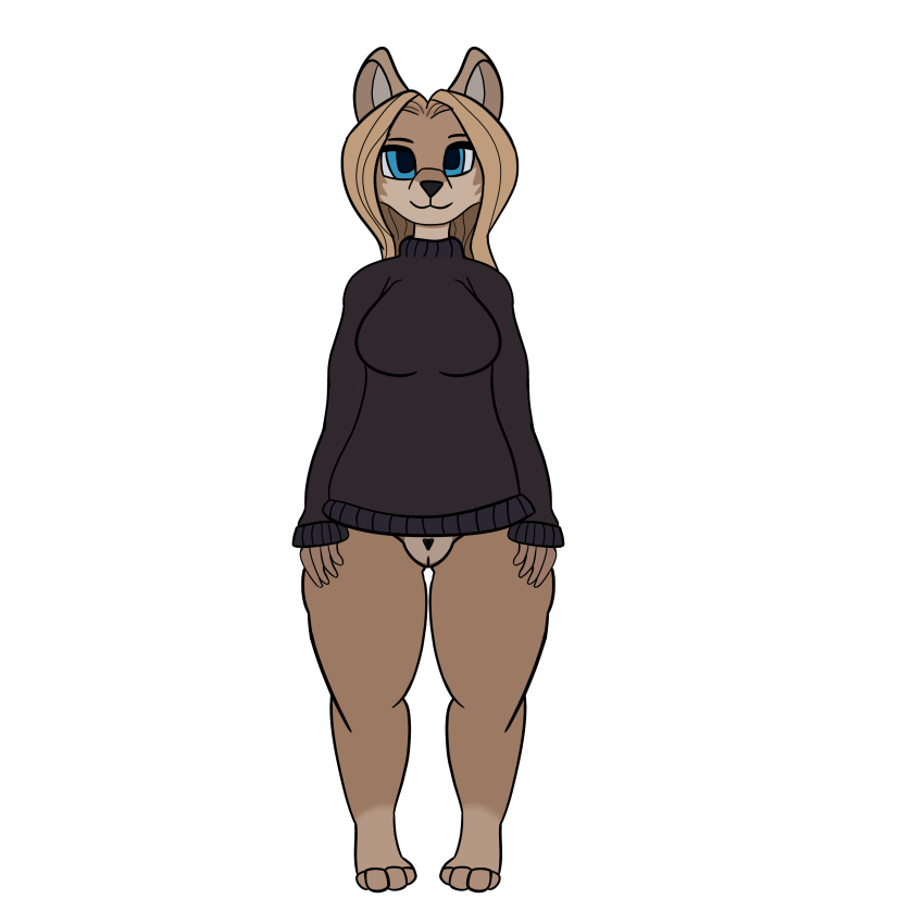 absurd_res anthro blue_eyes canid canine canis clothing female genitals hi_res humanoid mammal pussy simple_background slightly_chubby solo sweater topwear white_background wolf
