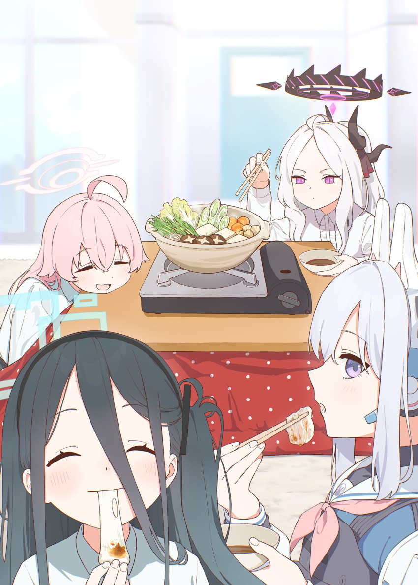 4girls ahoge animal_ears aris_(blue_archive) black_hair black_horns blue_archive blush bowl chopsticks closed_eyes collared_shirt demon_horns earpiece eating fake_animal_ears food_request hair_between_eyes halo highres hina_(blue_archive) holding holding_bowl holding_chopsticks horns hoshino_(blue_archive) hotpot indoors kotatsu long_hair long_sleeves looking_at_another miyako_(blue_archive) multiple_girls multiple_horns neckerchief nem_rui open_mouth parted_bangs pink_hair pink_neckerchief portable_stove purple_eyes rabbit_ears sailor_collar shirt sidelocks table upper_body very_long_hair white_hair white_sailor_collar white_shirt