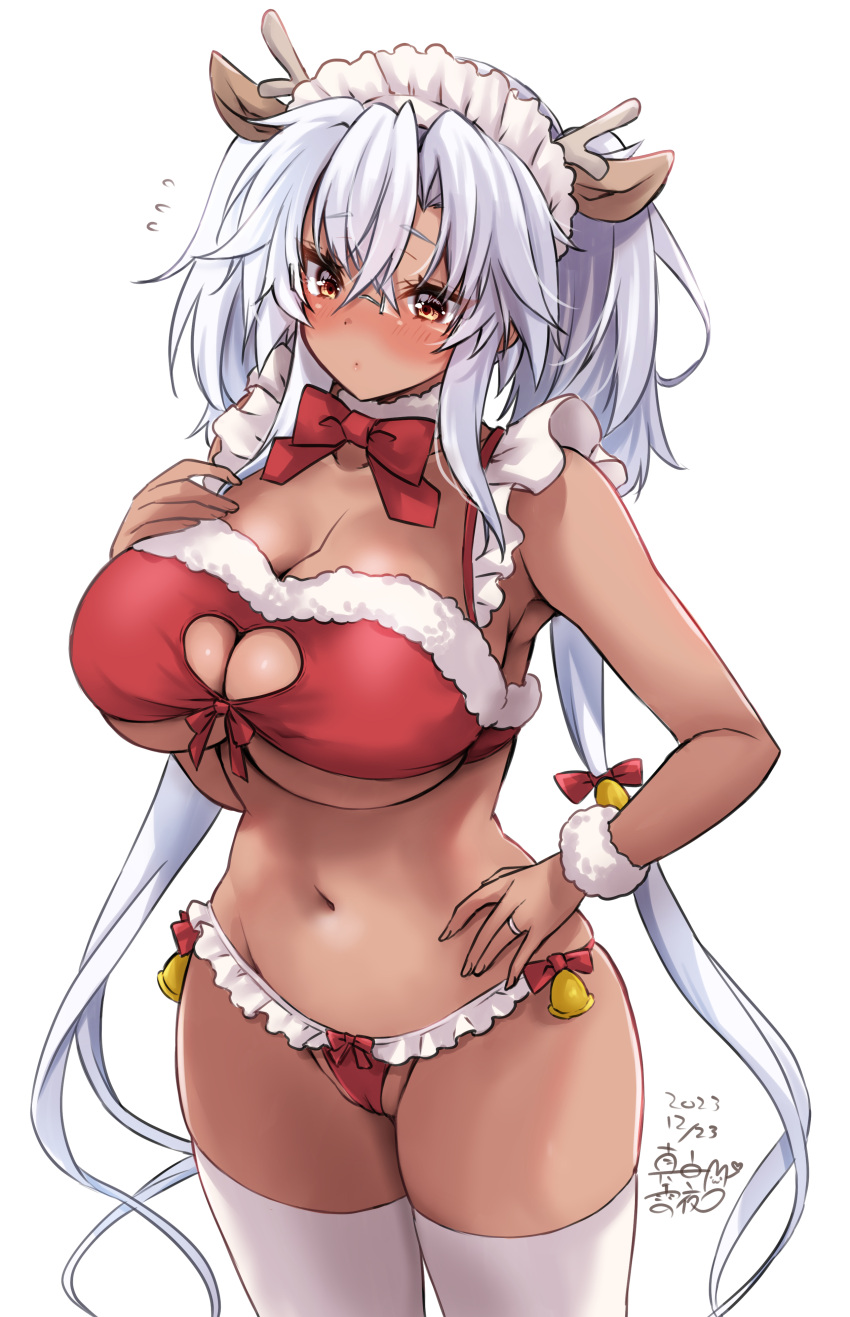 1girl absurdres alternate_costume antlers bikini blush breasts dark-skinned_female dark_skin dated embarrassed grey-framed_eyewear grey_hair hair_between_eyes highres kantai_collection large_breasts long_hair mashiro_yukiya musashi_(kancolle) musashi_kai_ni_(kancolle) rectangular_eyewear red_bikini reindeer_antlers signature solo swimsuit thighhighs twintails white_thighhighs