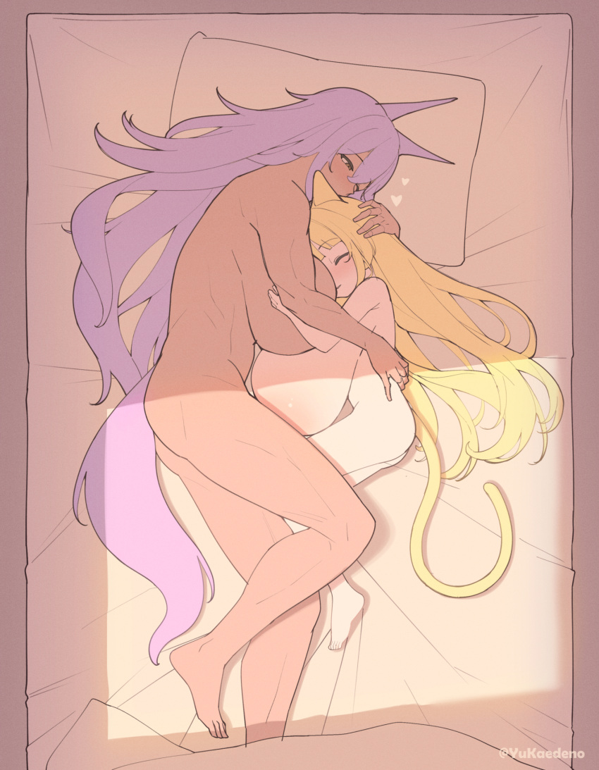 2girls animal_ears blonde_hair breasts cat_ears cat_girl cat_tail closed_eyes closed_mouth completely_nude gigantic_breasts hand_on_another's_head highres interracial kaedeno_yuu long_hair lying multiple_girls nude on_side oppai_loli original purple_eyes purple_hair size_difference smile tail twitter_username yuri