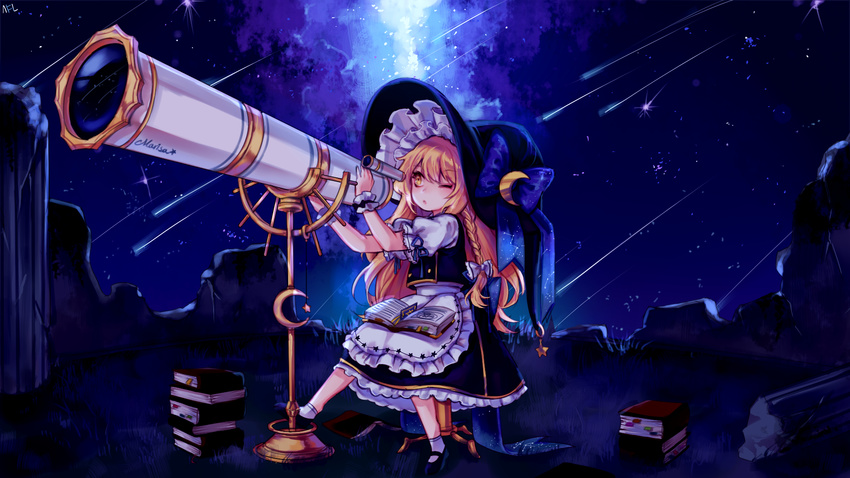 ankle_socks apron blonde_hair book book_on_lap book_stack braid character_name crescent crescent_hair_ornament falling_star grass hair_ornament hair_ribbon hat hat_ribbon highres kirisame_marisa long_hair looking_afar mary_janes meteor_shower nebula night one_eye_closed open_book outdoors puffy_short_sleeves puffy_sleeves ribbon ruins shan shoes short_sleeves single_braid sitting skirt skirt_set sky solo star_(sky) starry_sky telescope touhou tress_ribbon waist_apron witch_hat wrist_cuffs yellow_eyes