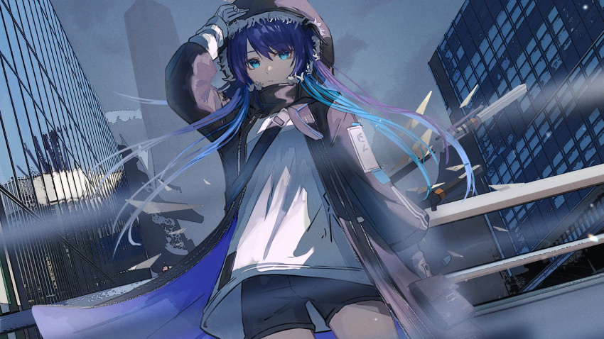1girl aqua_eyes arknights arm_up bandana bandana_around_neck belt black_bandana black_belt black_coat black_hood black_horns black_pouch black_shorts blue_hair breasts buckle building city cityscape closed_mouth cloud coat commentary cowboy_shot day demon_horns detached_wings dutch_angle energy_wings expressionless eyelashes eyeliner fallen_angel film_grain floating_clothes floating_hair fog from_below full-length_zipper fur-trimmed_coat fur-trimmed_hood fur_trim gloves grab_pigeon grey_sky grey_wings hair_between_eyes highres holding_hood hood hood_up hooded_coat horns layered_sleeves long_hair long_sleeves looking_at_viewer looking_down makeup mostima_(arknights) open_clothes open_coat outdoors pocket pouch red_eyeliner reflection shirt short_shorts shorts shoulder_belt sky skyscraper snap-fit_buckle solo staff standing two-sided_coat two-sided_fabric untucked_shirt urban very_long_hair white_gloves white_shirt wide_sleeves window wings zipper