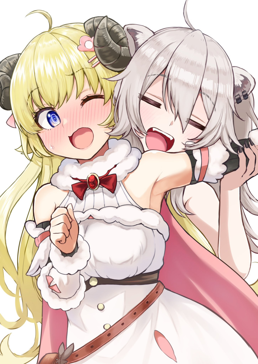 2girls =_= @-you_(you_2023_8_16) ahoge animal_ears armpits bare_shoulders belt_pouch blonde_hair blush bow bowtie breasts brooch cape clenched_hand commentary_request detached_sleeves dress empire_waist fangs full-face_blush fur-trimmed_dress fur-trimmed_sleeves fur_trim grabbing_another's_arm grey_hair hair_ornament hairclip highres hololive horns imminent_bite jewelry large_breasts long_hair multiple_girls one_eye_closed pink_cape pouch purple_eyes red_bow red_bowtie ribbed_sleeves ringed_eyes sheep_ears sheep_girl sheep_horns shishiro_botan simple_background tsunomaki_watame tsunomaki_watame_(1st_costume) underbust very_long_hair virtual_youtuber white_background white_dress you_gonna_get_eaten yuri