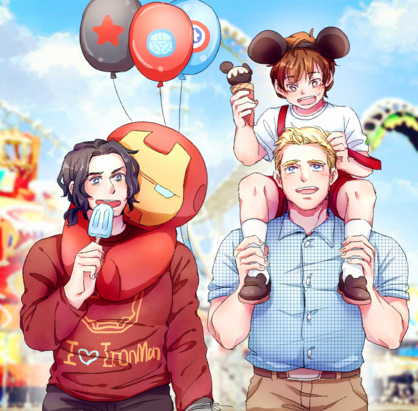 3boys aged_down amusement_park animal_ears animification balloon belt black_hair blonde_hair blue_eyes blue_shirt blue_sky blurry blurry_background blush brown_belt brown_eyes brown_footwear brown_hair brown_pants buttons carrying character_doll character_print child clothes_writing cloud cloudy_sky collared_shirt day doll fake_animal_ears ferris_wheel fingernails food hand_up hands_up heart heart_print highres holding holding_food holding_ice_cream ice_cream iron_man james_buchanan_barnes long_sleeves looking_at_another looking_down looking_up male_focus marvel marvel_cinematic_universe mickey_mouse_ears mouse_ears multiple_boys open_mouth outdoors pants plaid plaid_shirt pocket prosthesis prosthetic_arm red_shirt red_shorts shirt shoes short_hair shorts shoulder_carry sitting sky smile socks standing star_(symbol) star_print steve_rogers suspender_shorts suspenders t-shirt teeth tongue tony_stark white_shirt white_socks wodeyongheng