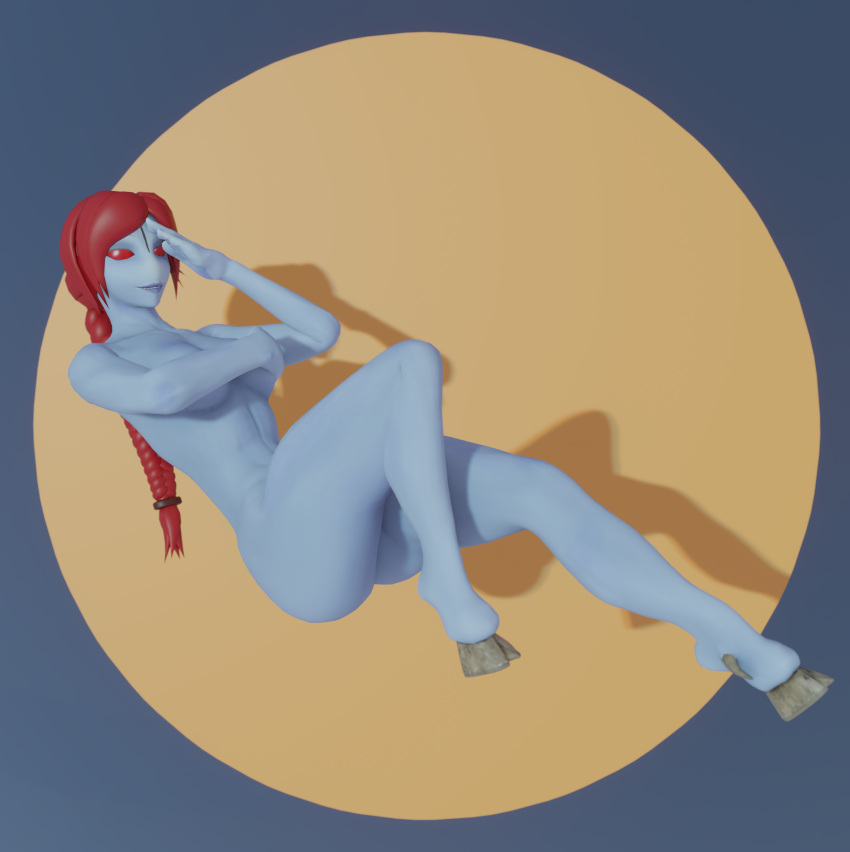 3d_(artwork) absurd_res bedroom_eyes blue_body breasts butt covering covering_breasts covering_self digital_media_(artwork) female grin hair hi_res hooves humanoid looking_at_viewer lorded narrowed_eyes nude pinup pose red_eyes red_hair seductive simple_background smile solo t'au_(warhammer) thick_thighs warhammer_(franchise) warhammer_40000