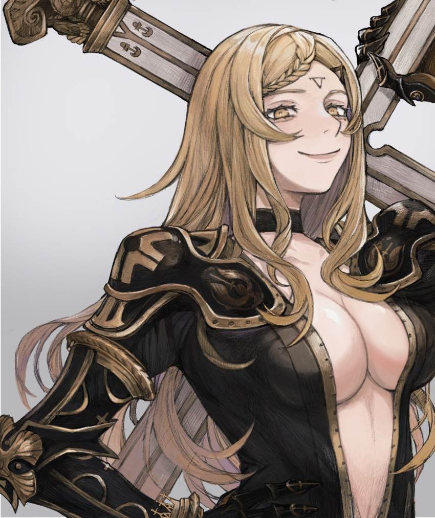 1girl armor blonde_hair braid breasts cleavage commentary_request drag-on_dragoon drag-on_dragoon_3 eyelashes facial_mark five_(drag-on_dragoon) forehead_mark gold_trim grey_background hand_on_own_hip highres holding holding_weapon large_breasts long_hair parted_bangs plunging_neckline simple_background smile solo tricoliet upper_body weapon yellow_eyes