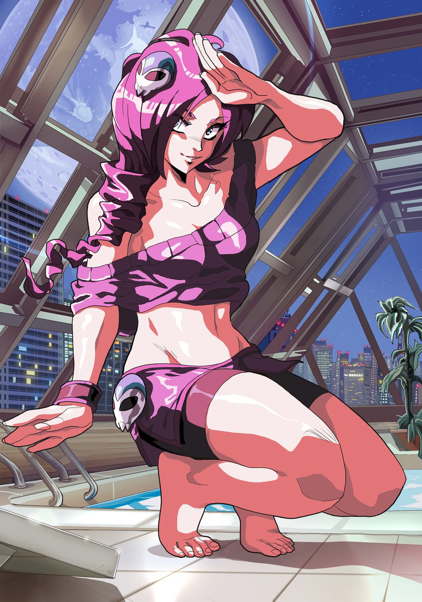 adapted_costume bare_shoulders barefoot bike_shorts blue_eyes borrowed_character breasts commentary crop_top drill_hair full_body full_moon hair_ornament hair_over_one_eye highres long_hair midriff miniskirt moon navel night night_sky no_bra off-shoulder_sweater off_shoulder original otaking pool purple_hair rei_no_pool salute shorts shorts_under_skirt skirt skull_hair_ornament sky small_breasts solo squatting sweater zone-tan