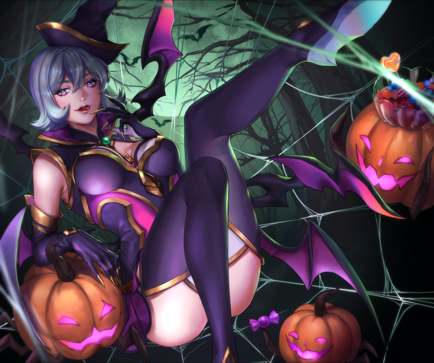 1girl \||/ absurdres bare_shoulders bewitching_elise breasts candy cave claws elise_(league_of_legends) english_commentary food full_body gem gloves glowing gold_trim grey_hair halloween highres league_of_legends legs medium_breasts mini_wings nyaamen_fork official_alternate_costume pumpkin purple_eyes purple_gloves purple_thighhighs shadow silk single_hair_intake sitting sleeveless solo spider_web thighhighs thighs tilted_headwear tongue tongue_out tree wings witch
